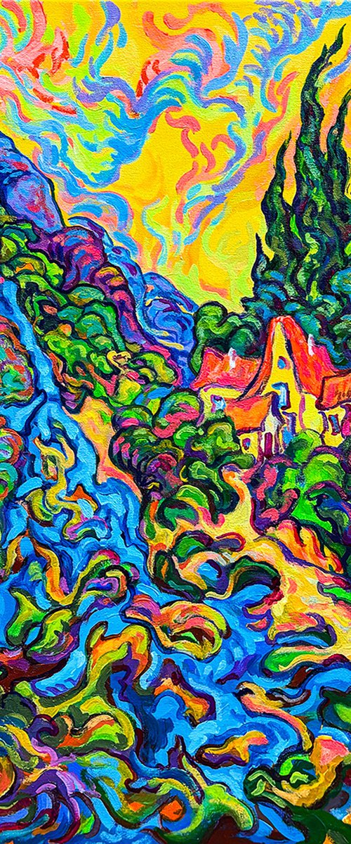 Provence Waterfall and Cypress Trees by Vitaly Leshukov Soldatov