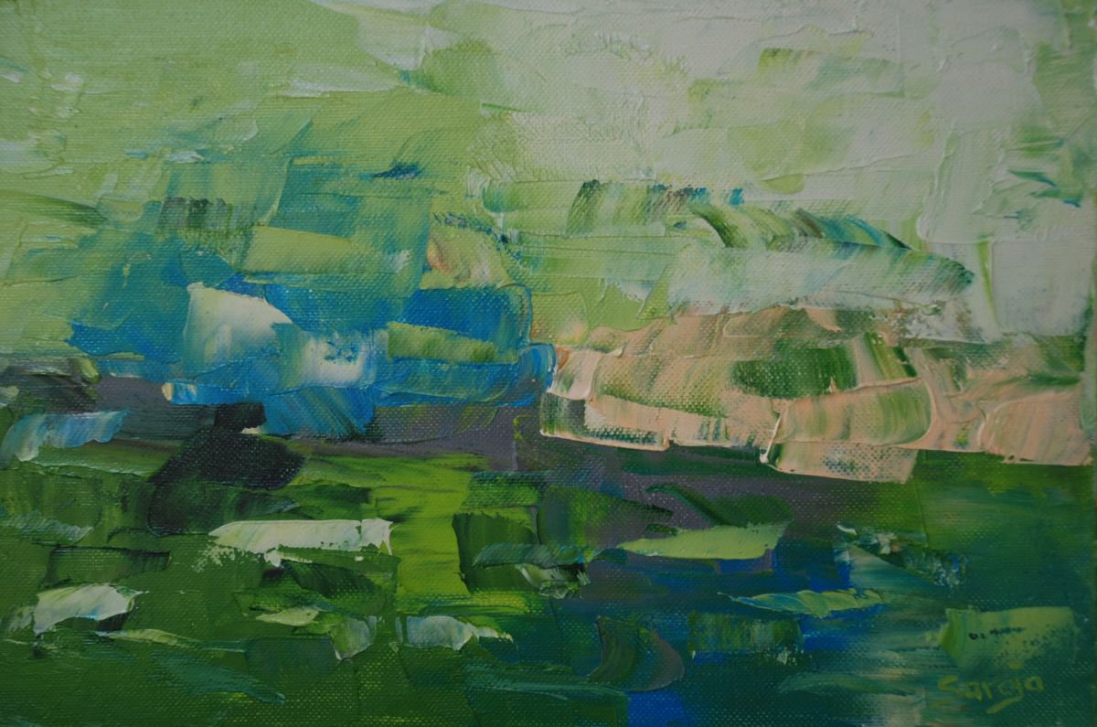 Abstract Landscape Oil Painting By Saroja Van Der Stegen, 15 X 10", Blue Green (Ref#:479-4P), Original Artwork