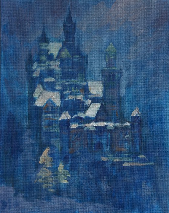 Original Oil Painting Wall Art Signed unframed Hand Made Jixiang Dong Canvas 25cm × 20cm Landscape Winter at Neuschwanstein Castle Germany Small Impressionism Impasto