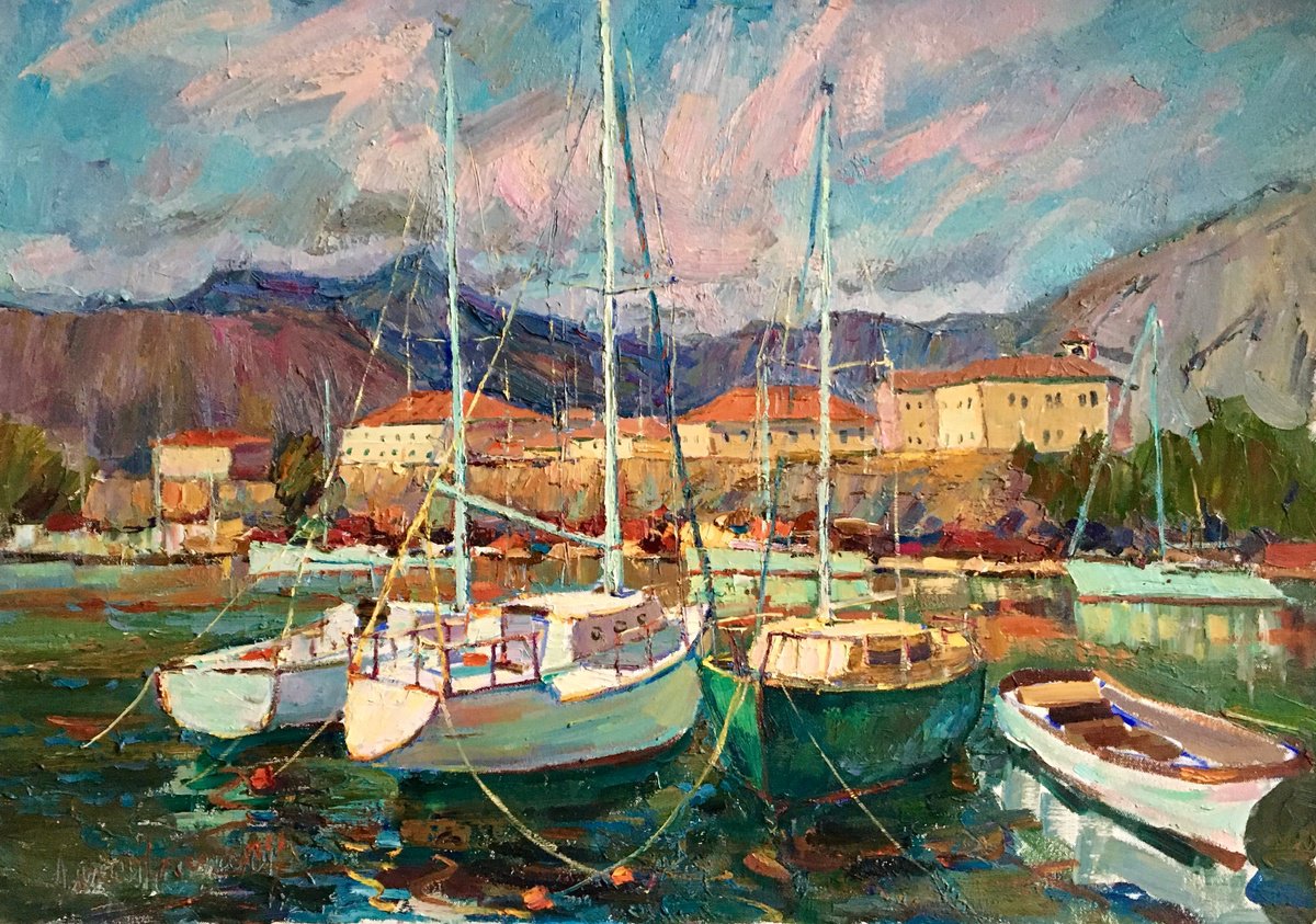 Impressionistic Landscape Oil Painting By Oleksii Chebotaru, 39 X 28", Yachts Of Kotor Bay, Original Artwork