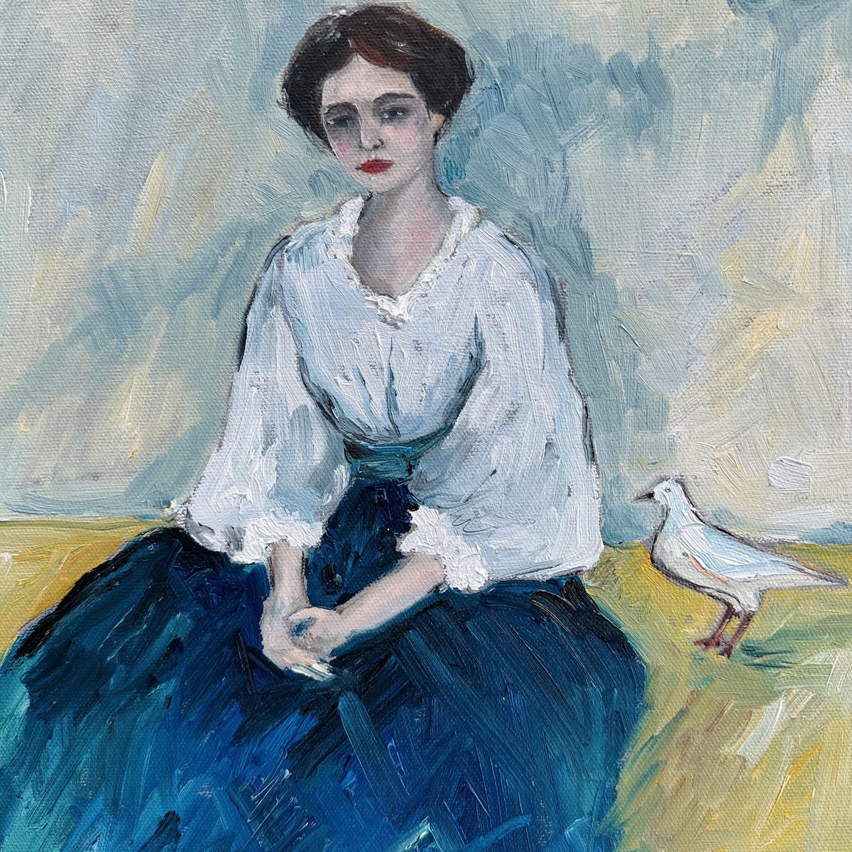 Impressionistic Portrait Oil Painting By Irina Anis, 12 X 12, Woman With A Bird, Original Artwork