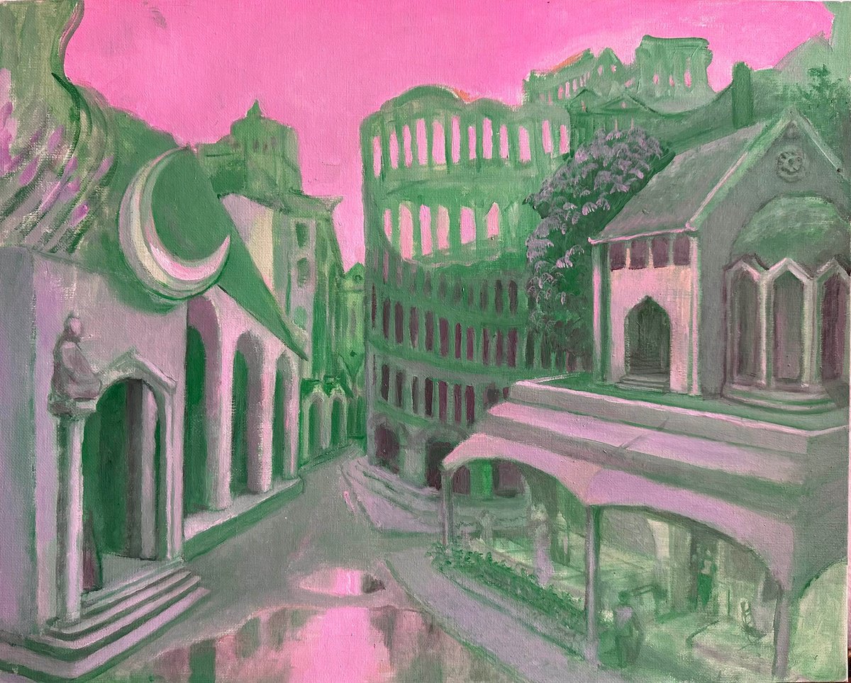 Surrealistic Cityscapes Oil Painting By Fosco Culto, 20 X 16, Dream City Iii, Original Artwork