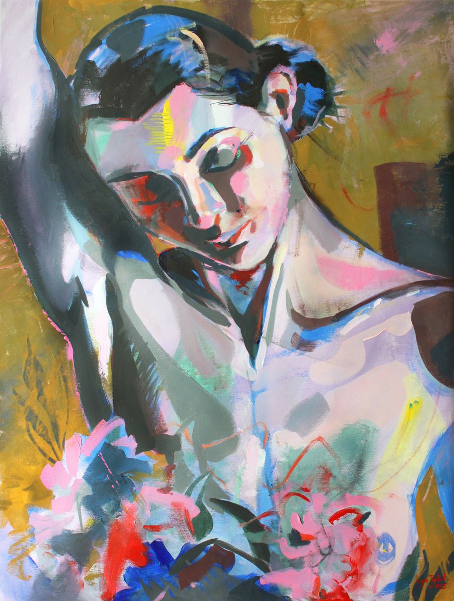 Expressive Portrait Acrylic Painting By Iryna Tymkul, 24 X 31, In The Shadow, Original Artwork