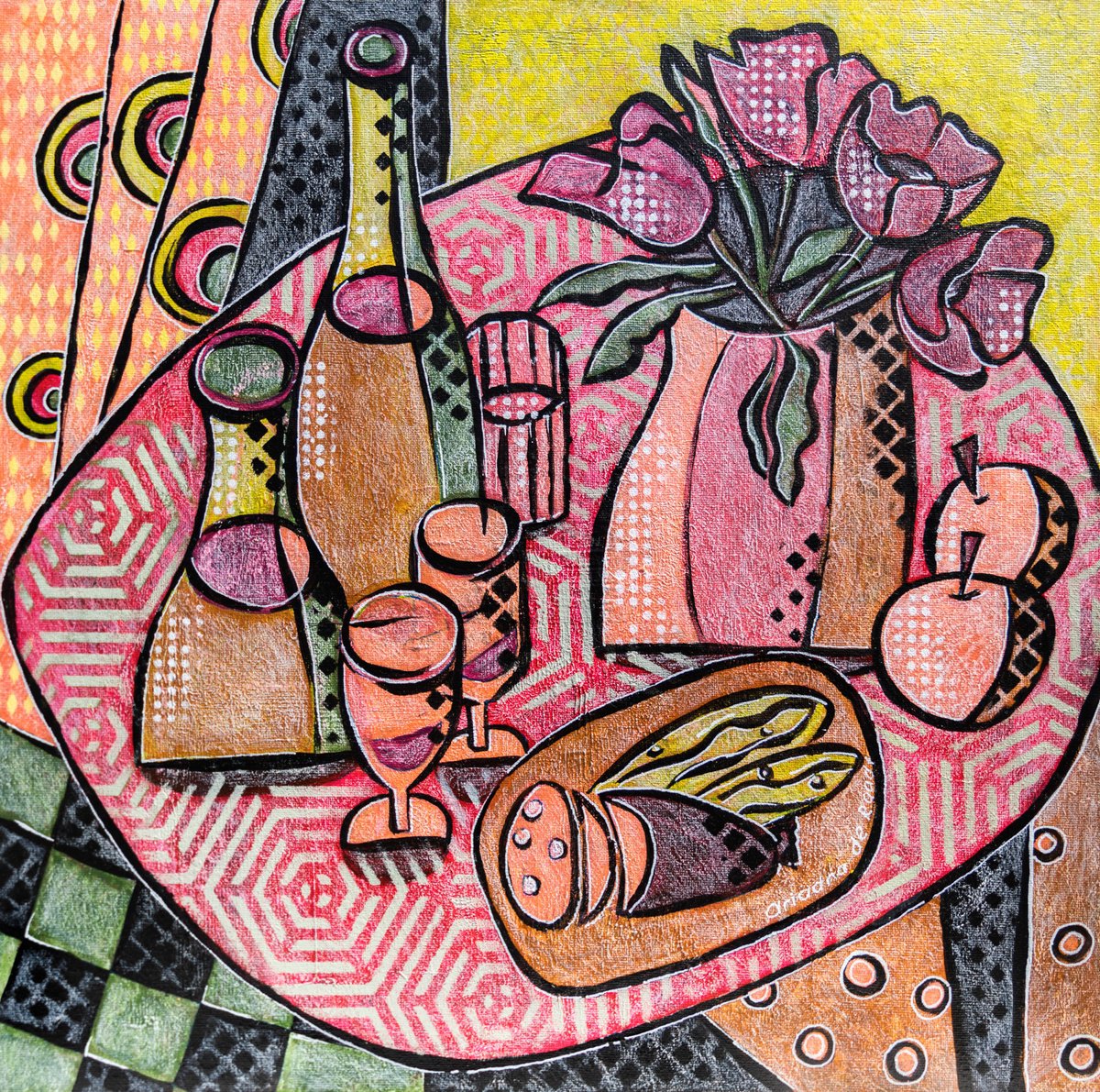 Cartoon Still Life Painting By Ariadna De Raadt, 18 X 18, Nice Day 02, Still Life, Original Artwork