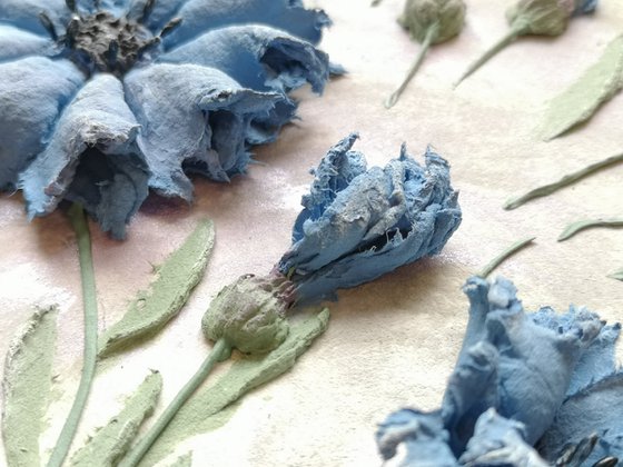 Blue cornflowers on a white background-delicate Botanical bas-relief 25x15x3 cm.