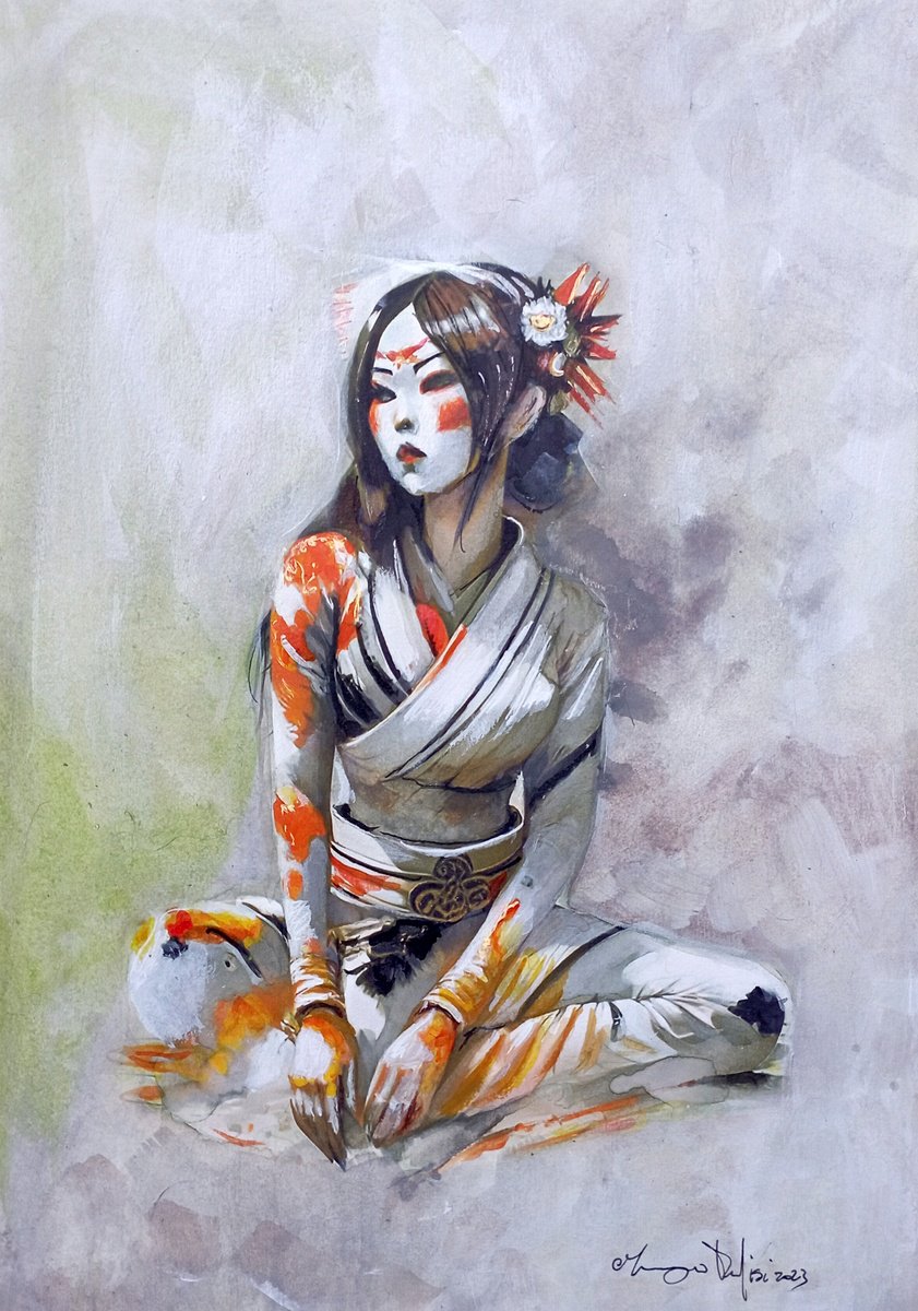 Impressionistic Portrait Ink Drawing By Maurizio Puglisi, 8 X 11", Kingyo, Original Artwork