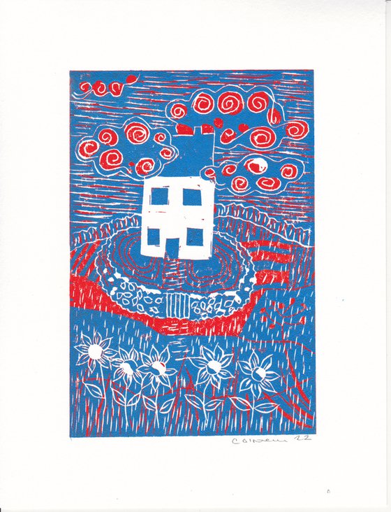 House in the Clouds  -  Red and Blue Lino Print