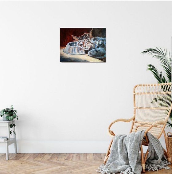 Night Watch, Cat Oil Painting Maine Coon Original Art Funny Sleeping Cat Artwork Pet Portrait Wall Art 40x30 cm