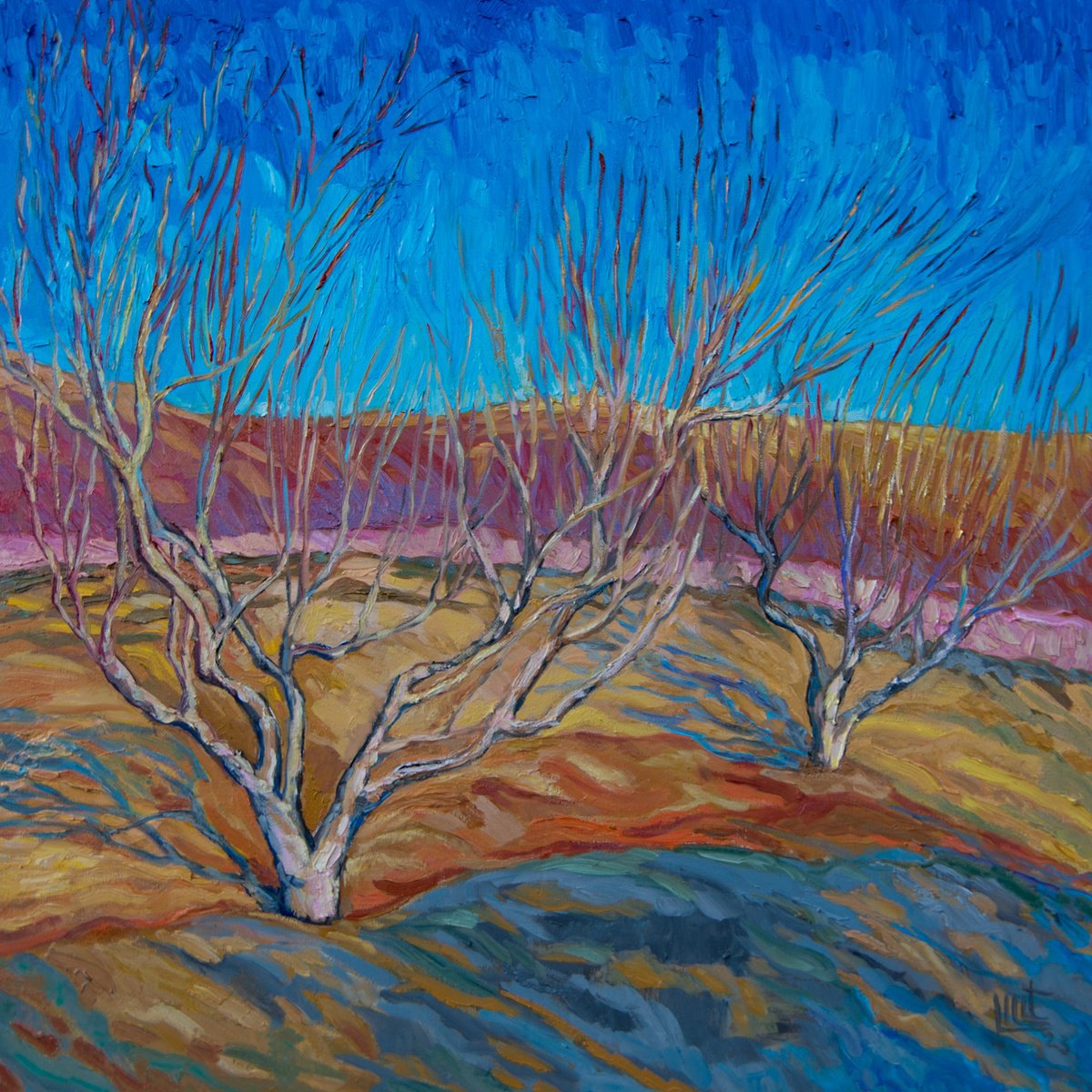 Impressionistic Landscape Oil Painting By Lilit Vardanyan, 28 X 28", Autumn Peach Garden, Original Artwork