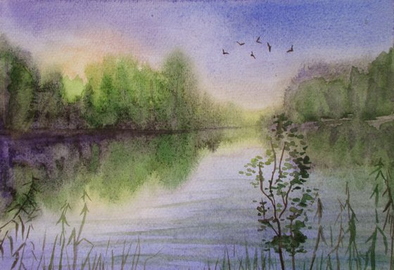 Summer evening - watercolor landscape