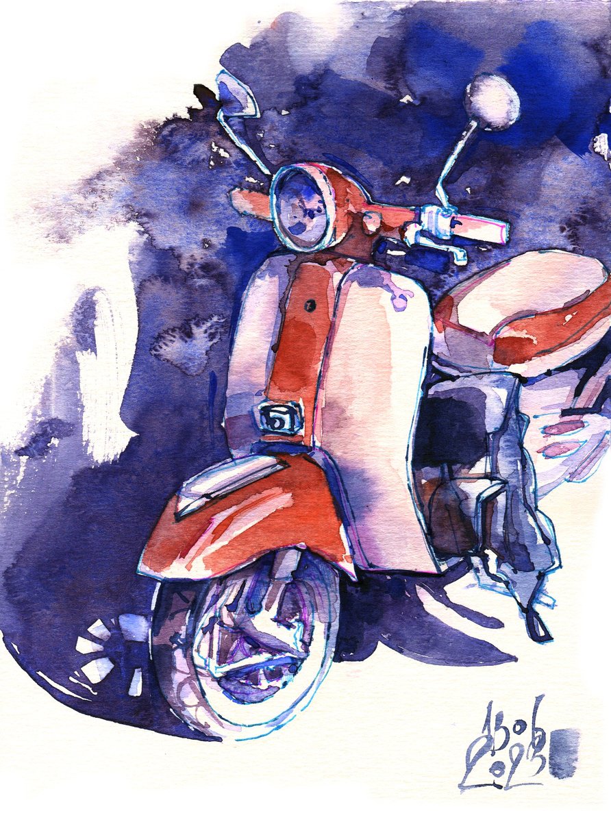 Retro scooter. White with a red stripe - watercolor sketch - series Artist’s Diary by Ksenia Selianko
