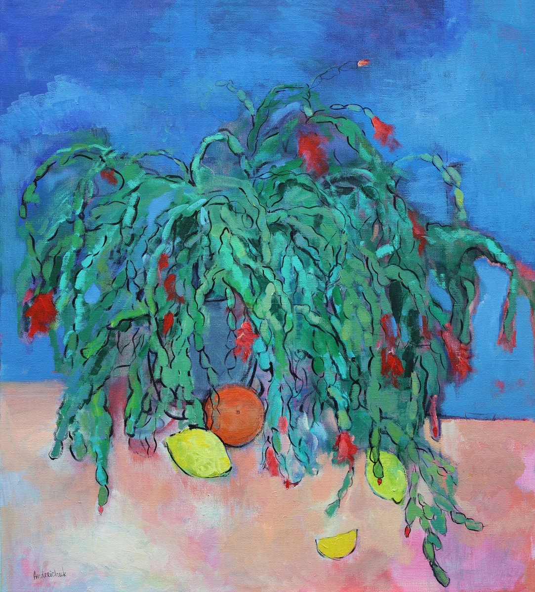 Impressionistic Botanical Acrylic Painting By Artem Andreichuk, 35 X 39, Schlumbergera, Original Artwork