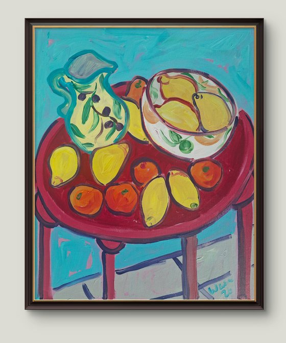 Still Life with Citrus and Red Table II