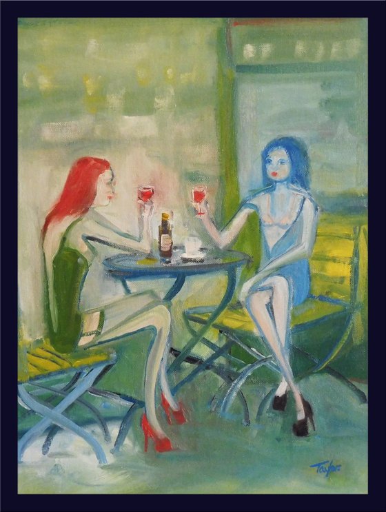 GIRLS FASHION MODELS, CAFE RESTAURANT, RED WINE, Green Dress, Blue Dress. Original Female Figurative Oil Painting. Varnished.
