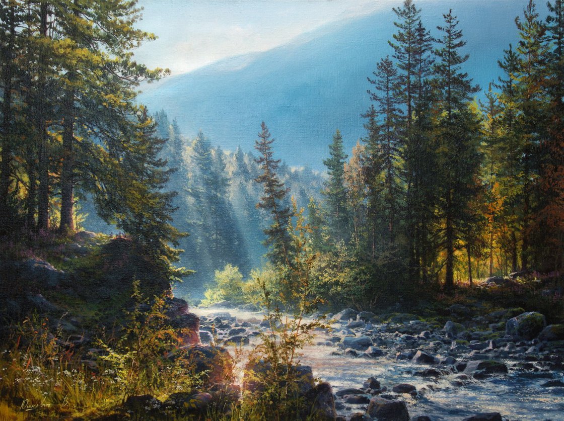 Mountain stream Acrylic painting by Viktar Yushkevich YUVART | Artfinder