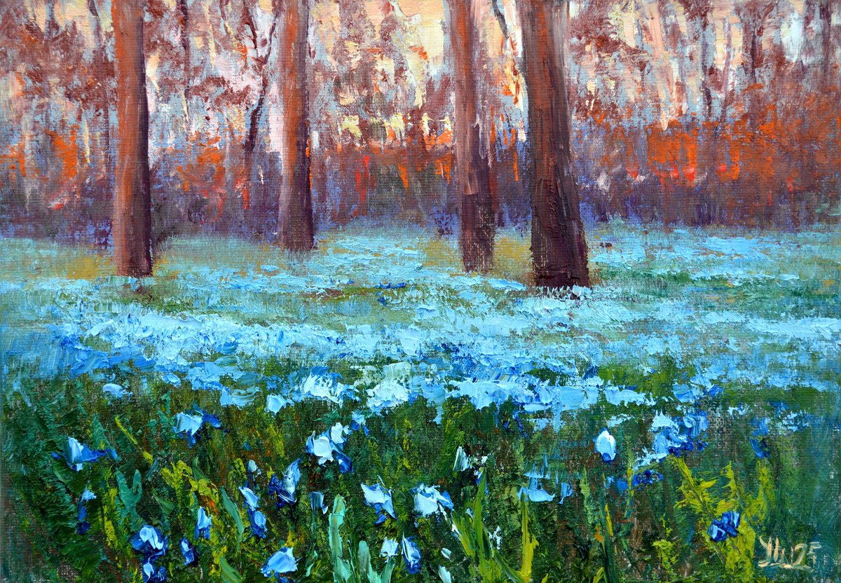 Impressionistic Landscape Oil Painting By Elena Lukina, 12 X 8, Scilla In The Morning Park, Original Artwork