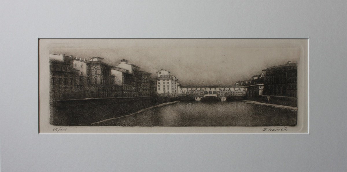 Graphic Cityscapes Print By Revaz Tcheishvili, 12 X 4", Lungarno Di Firenze, Original Artwork