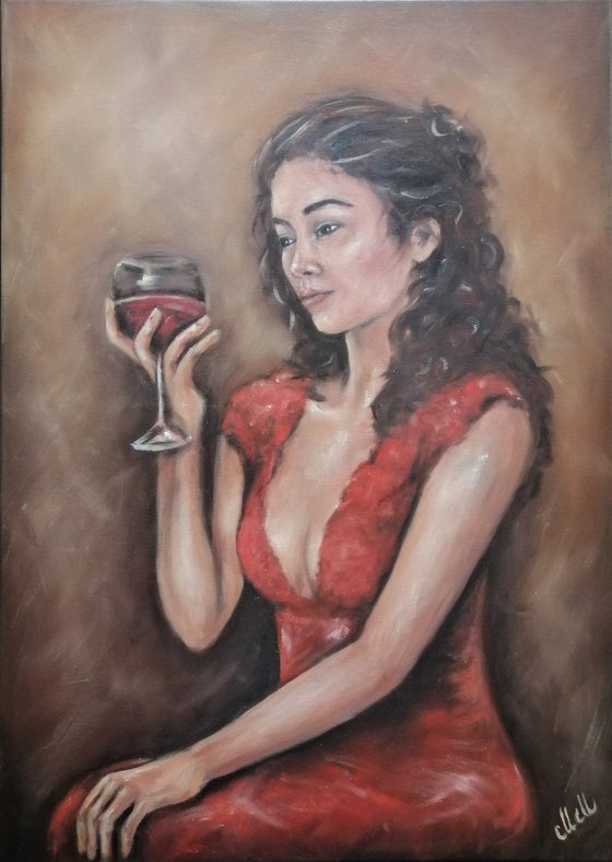 Beauty in red - original erotic oil on canvas painting
