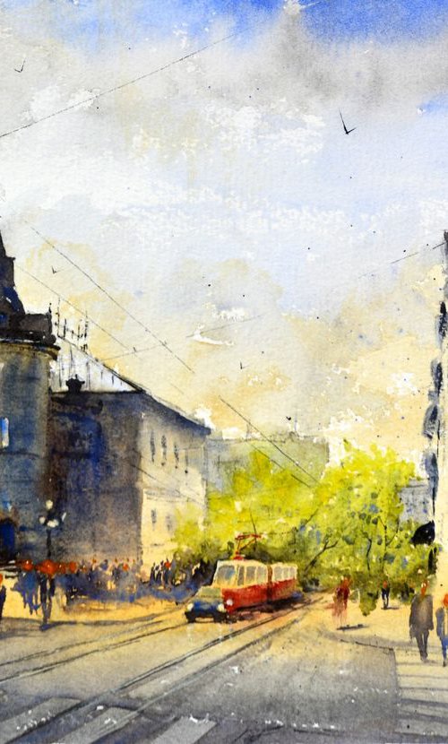 Jutarnji tramvaj ispred SKC-a Beograd mala akvareli beograda small by Nenad Kojić watercolorist