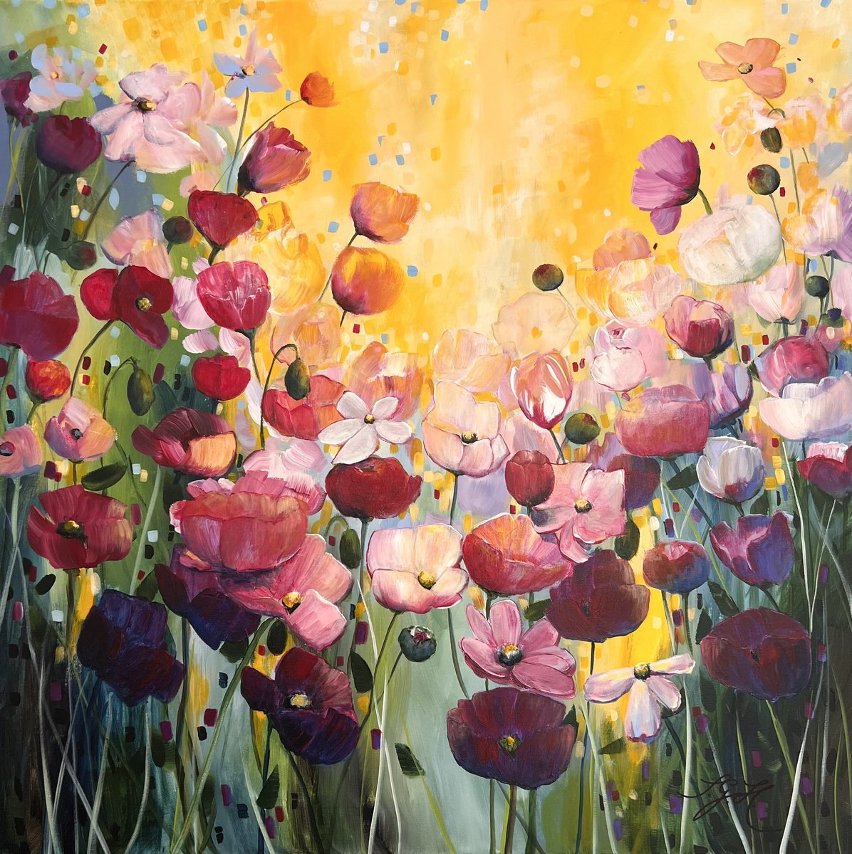 Impressionistic Botanical Acrylic Painting By Sandra Gebhardt-Hoepfner, 31 X 31", Poppies Land 3, Original Artwork