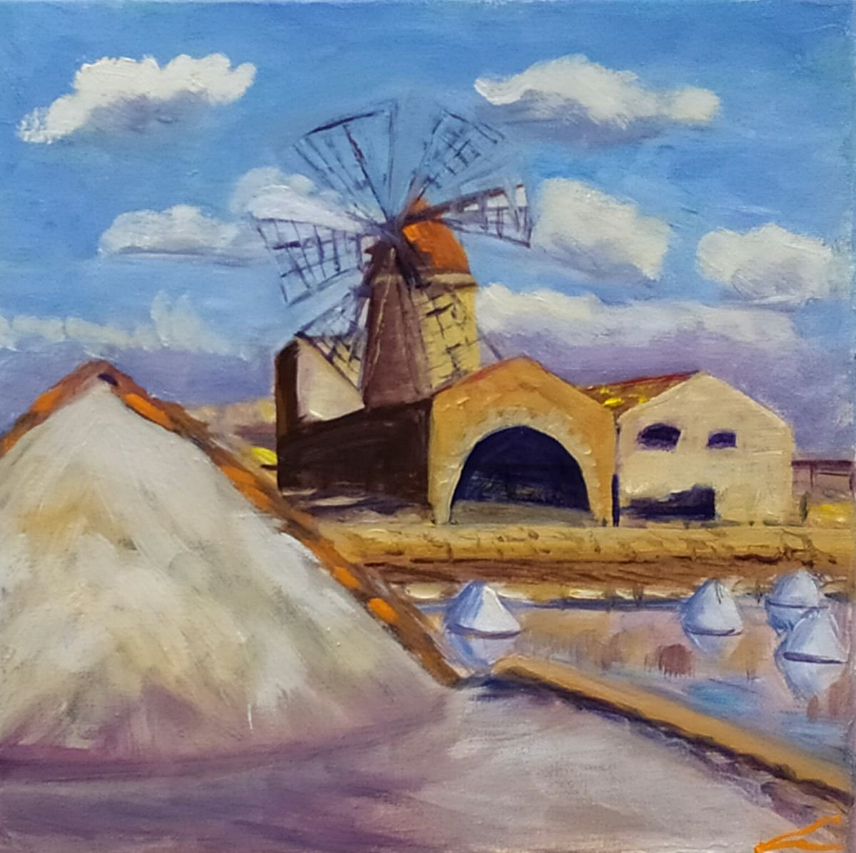 Impressionistic Cityscapes Oil Painting By Elena Sokolova, 12 X 12, Salt Mill At Trapani, Original Artwork