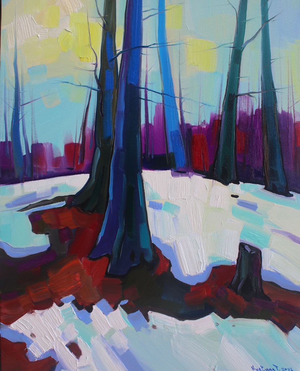 Impressionistic Landscape Oil Painting By Tigran Avetyan, 20 X 26", Winter Trees, Original Artwork