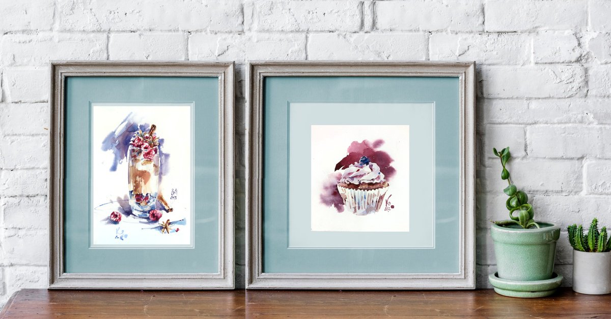 Illustrative Still Life Watercolour By Ksenia Selianko, 8 X 11", Diptych "Summer Dessert", Original Artwork