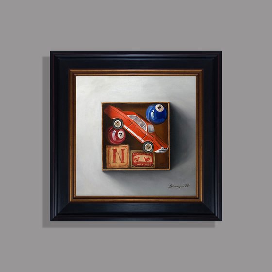 Still life - toys (25x25cm, oil on canvas, 35x35cm, framed)
