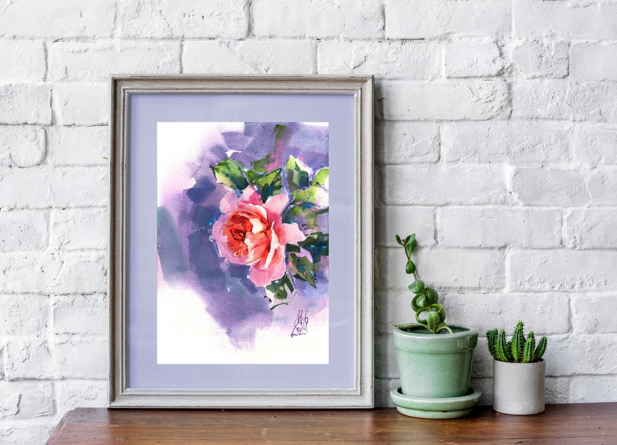 Impressionistic Botanical Watercolour By Ksenia Selianko, 8 X 12", "Morning Light. Orange Rose", Original Artwork