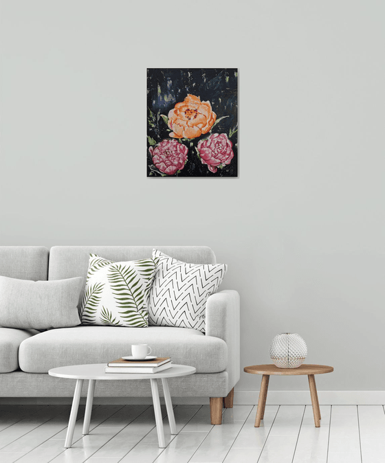 Midnight bloom, floral peonies painting