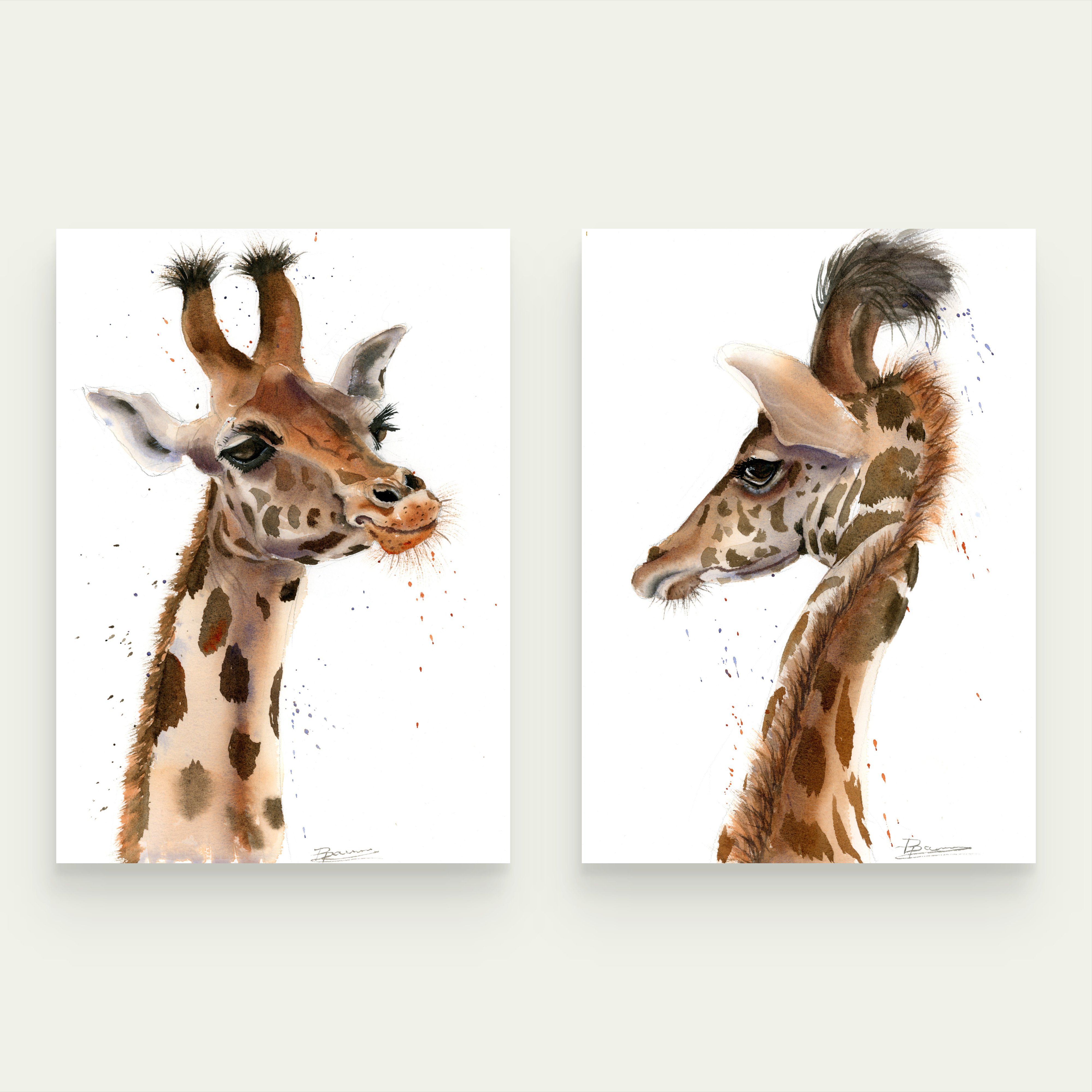 Illustrative Animal Watercolour By Olga Tchefranov (Shefranov), 20 X 14", Giraffe - Diptych, Original Artwork