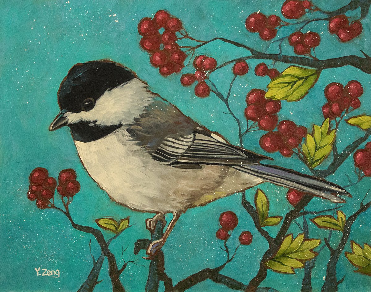 Chickadee bird with red berries by Yue Zeng