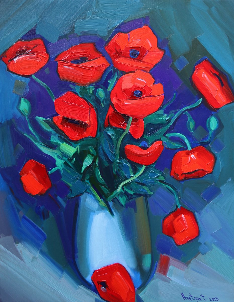 Expressive Botanical Oil Painting By Tigran Avetyan, 16 X 20", Poppies, Original Artwork