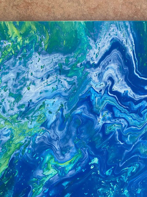 "Atomic Ripple" - Original Abstract PMS Fluid Acrylic Painting on a Recycled Desk Panel - 30 x 18 inches