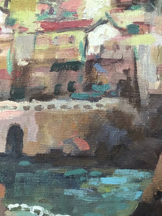 Original Oil Painting Wall Art Artwork Signed Hand Made Jixiang Dong Canvas 25cm × 30cm Manarola Italy small building Impressionism