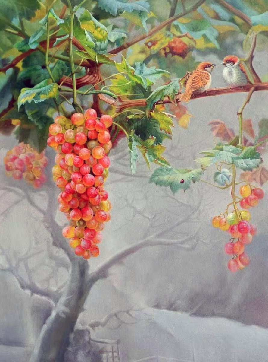 Photorealism oil painting:little birdies and grape by Kunlong Wang