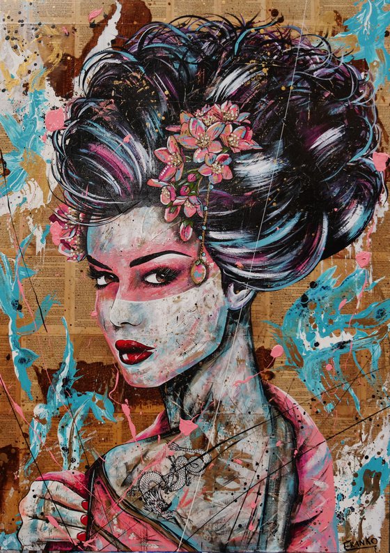 Pinku 140cm x 100cm Geisha Abstract Realism Art