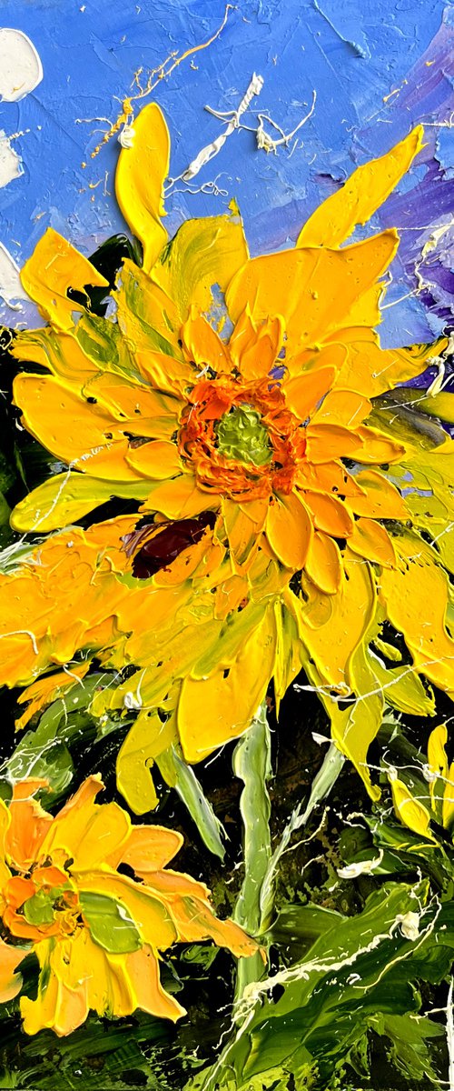 Sunflower Painting Floral Original Art Flower Small Oil Impasto Palette Knife Artwork 8 by 10 inches by Halyna Kirichenko