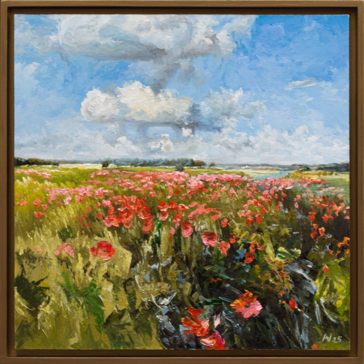 Impressionistic Landscape Oil Painting By Oleksii Vylusk, 21 X 21", Landscape With Poppies 2, Original Artwork