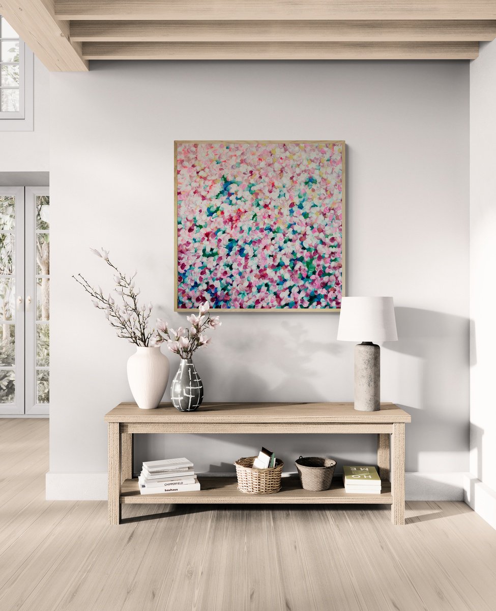 Organic Botanical Acrylic Painting By Katherine Spiller, 37 X 37", Coming Up Roses, Original Artwork