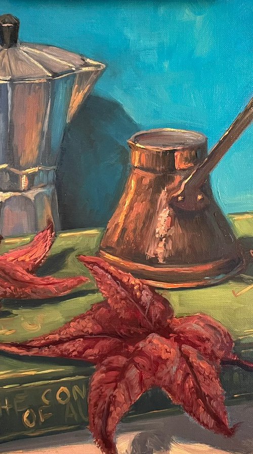 Coffee pots, books and autumn leaves - still life by Christopher Vidal