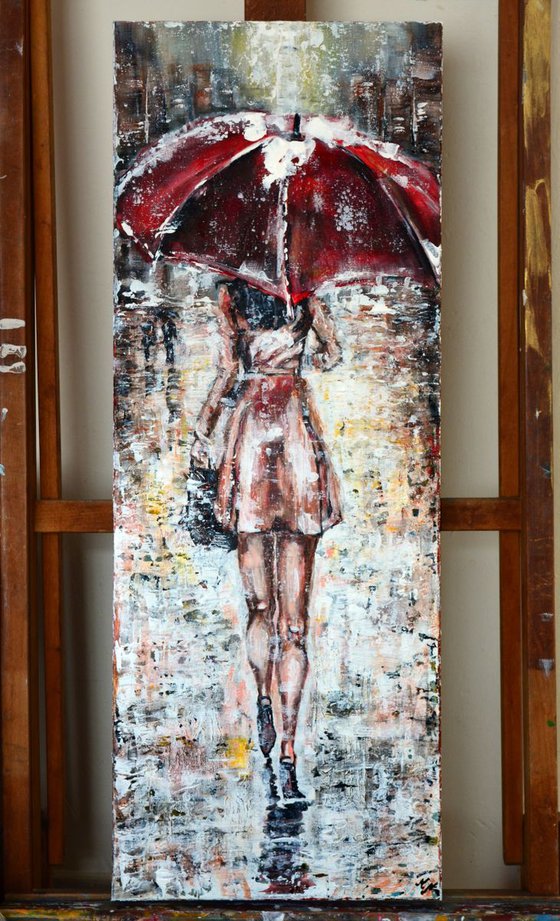 Red Umbrella- Long Deep Edge Canvas Ready to Hang, Palette Knife, CITY