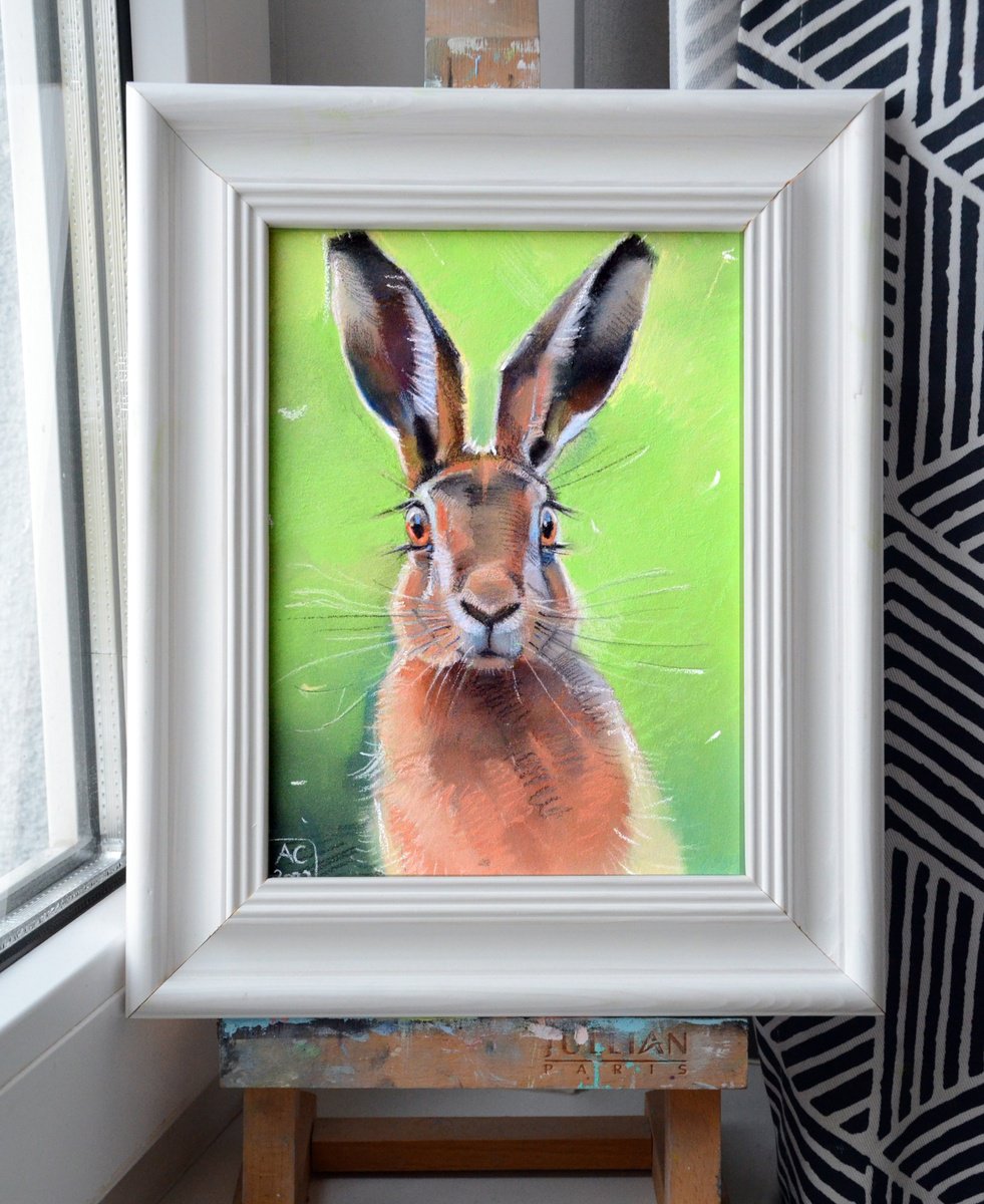 Portrait of a hare on a green background by Alexandra Sergeeva