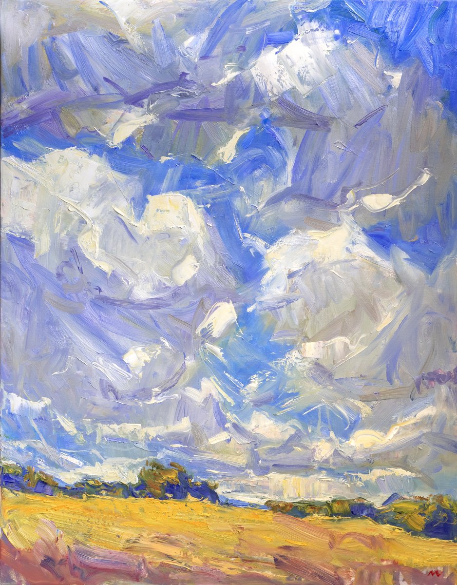Impressionistic Landscape Oil Painting By Vasyl Moldavchuk, 28 X 35", August Sky, Original Artwork