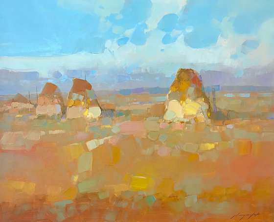 Wheat Stacks, Landscape oil painting, One of a kind, Signed, Handmade artwork