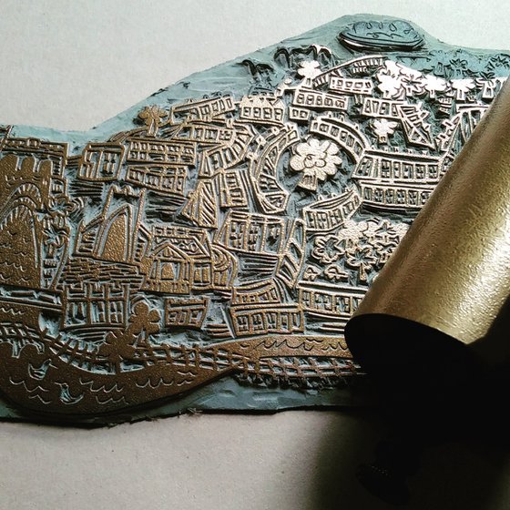 Mini Gold City of Bath - lino cut print