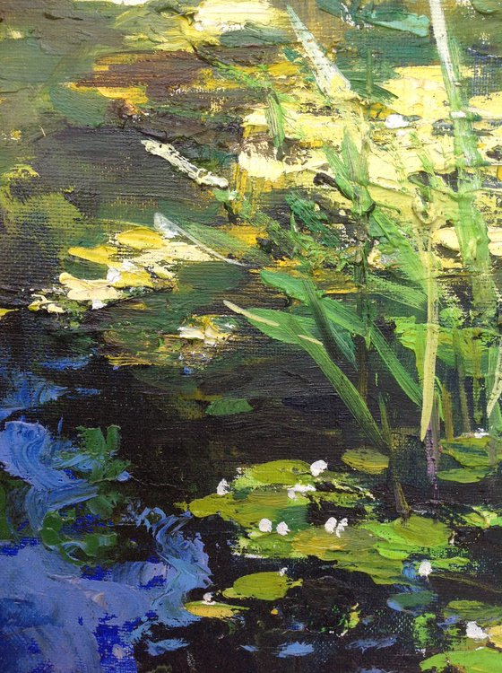 Abstract water lilies pond oil painting landscape river sunlight