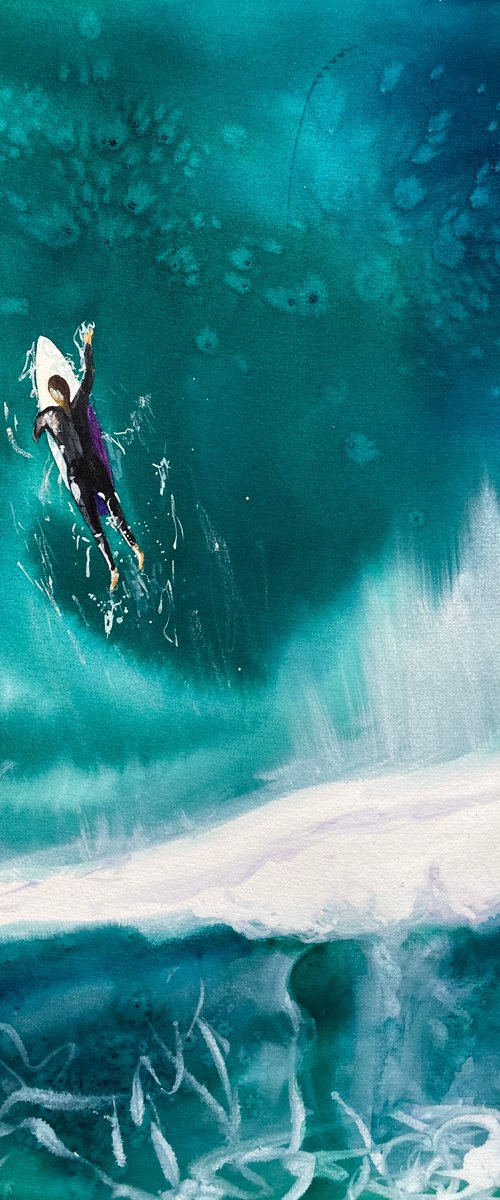 Surf Watercolor Painting, Surfing Original Artwork, Sea Ocean Art, Boho Decor, Summer Wall Art, Gift for Surfer by Kate Grishakova