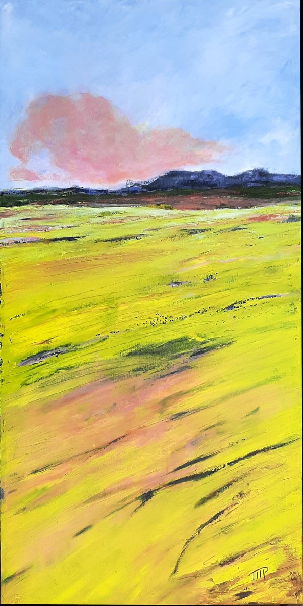 Expressive Landscape Acrylic Painting By Michele Paris, 18 X 36", Champs i? Kamouraska #339, Original Artwork