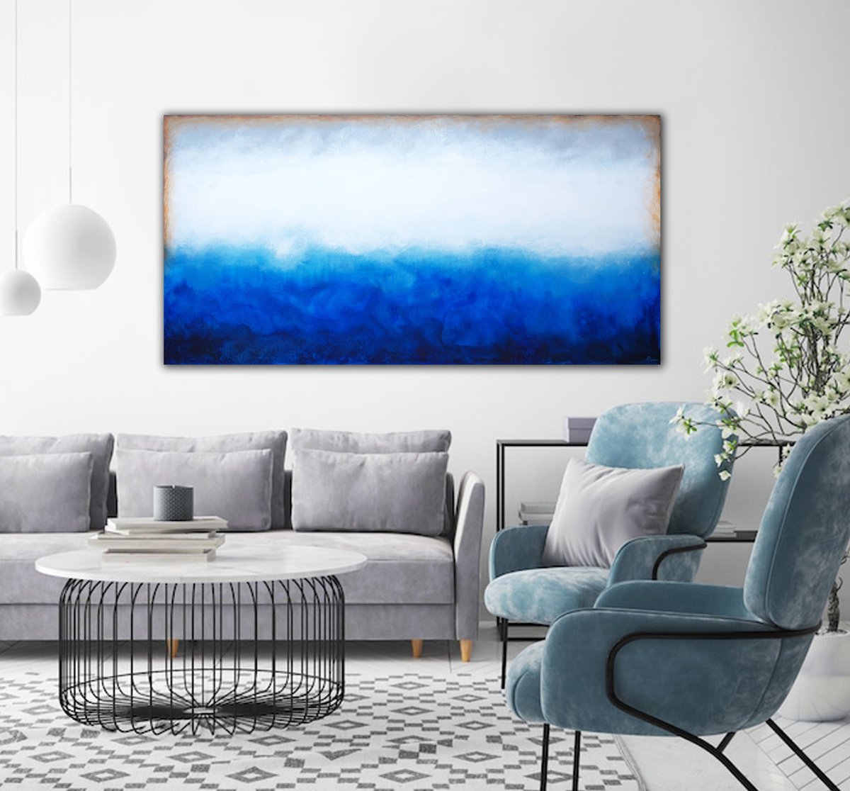 Abstract Acrylic Painting By Rumen Spasov, 55 X 28", "Between The Sky And Sea", Original Artwork